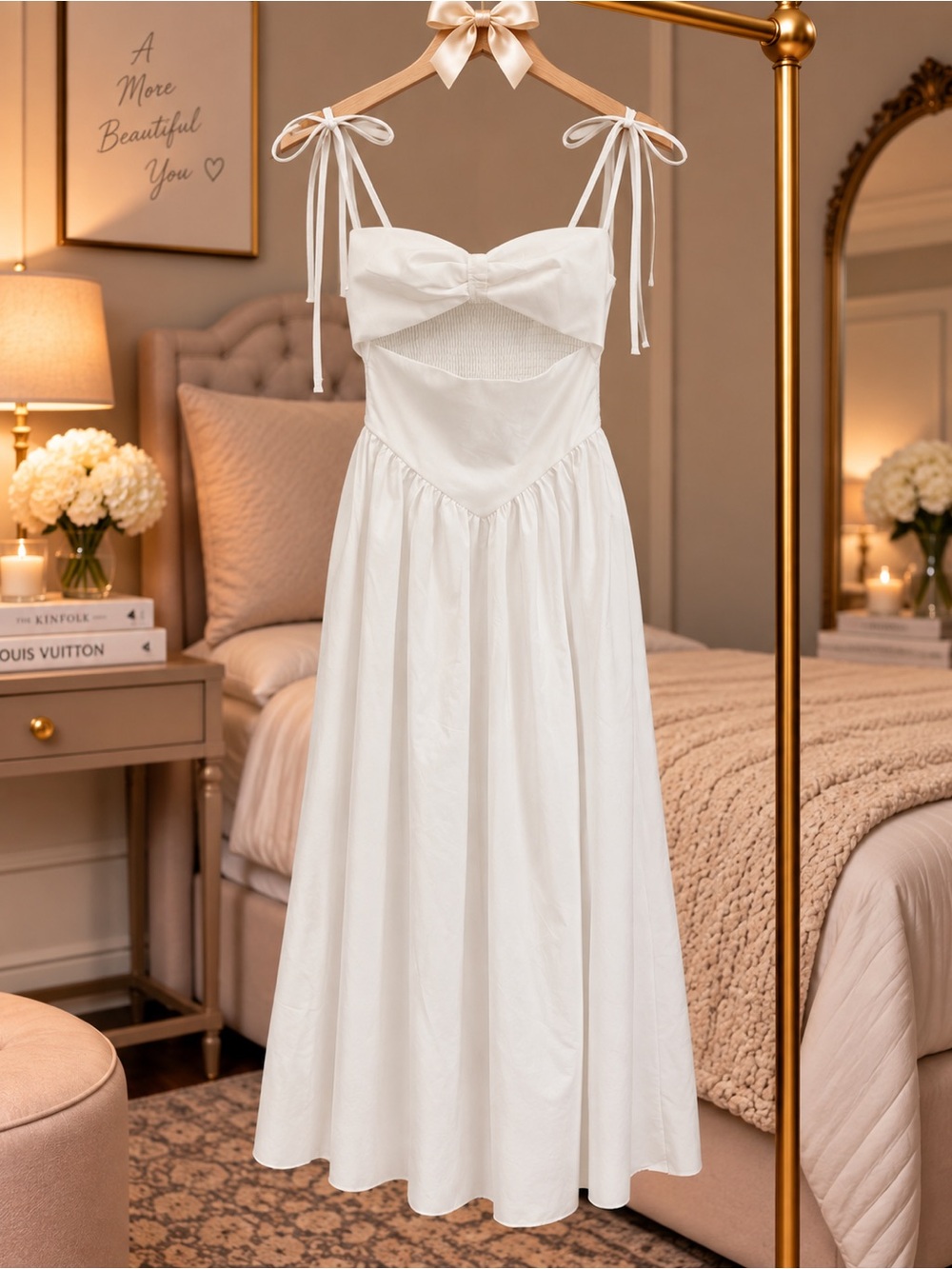 White Bow Tie Shoulder Corset Midi Dress Bridal